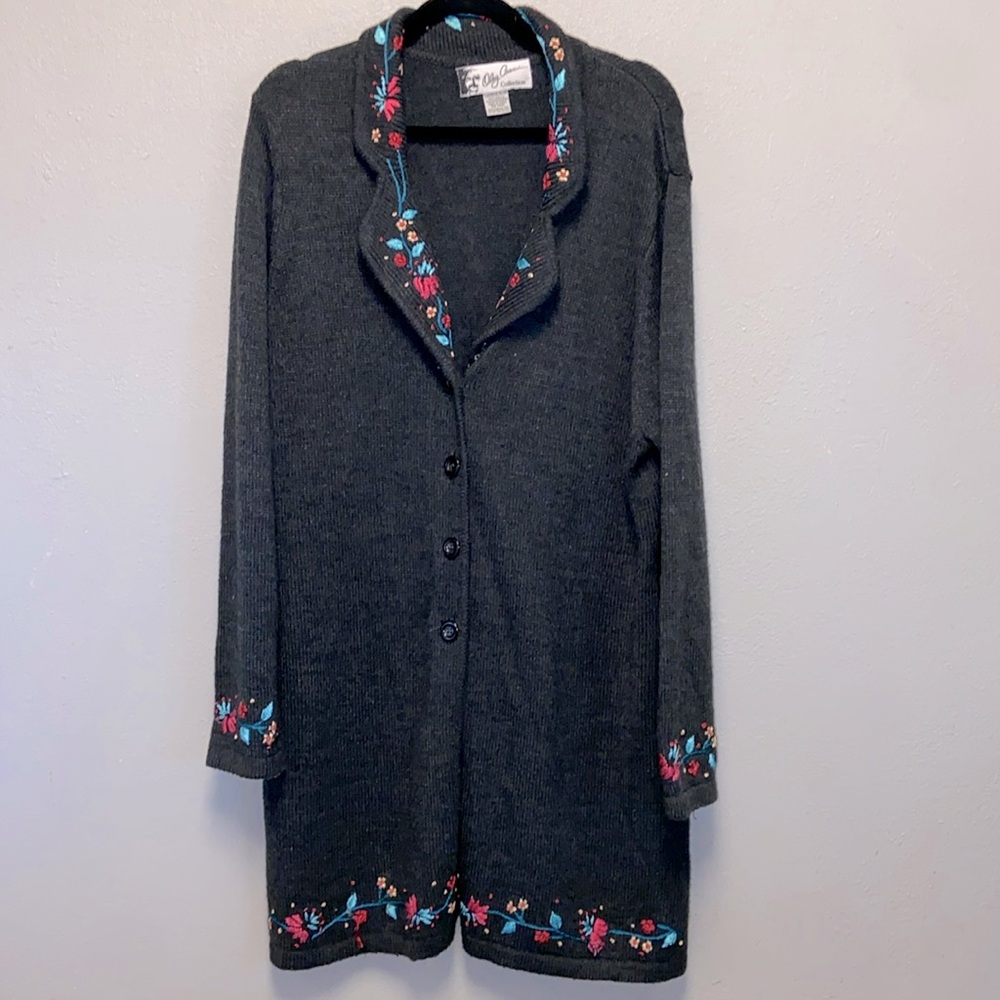 Oleg Cassini Charcoal Cardigan with Vibrant Embroidery